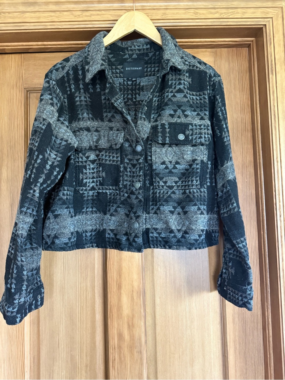 Dictionary Cropped Patterned Shacket Jacket in Black and Gray